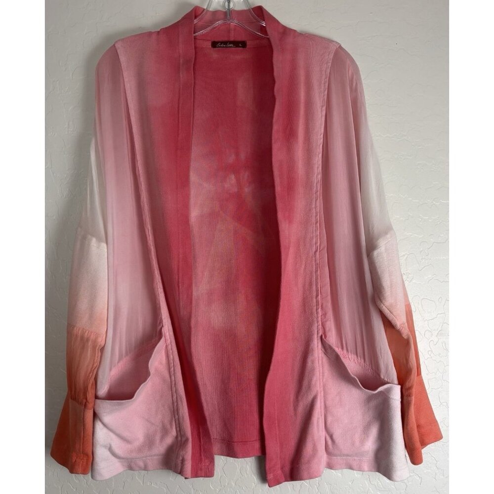 Barbara Lesser Pink Ombre Tie Dye Cardigan Mixed Media Open Front Jacket L 1392